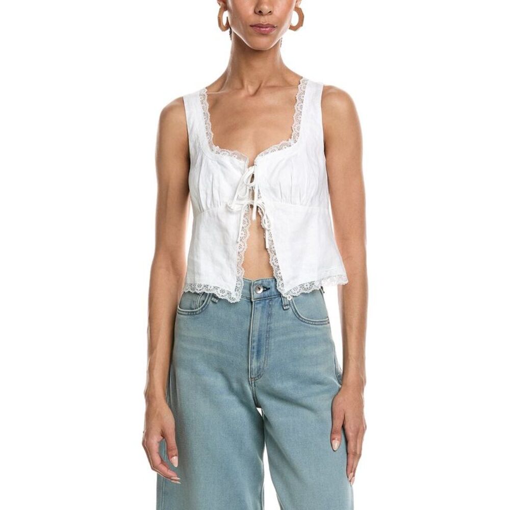 Reveriee Womens  Sleeveless Linen Tie Front Top, White